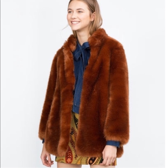 Zara Trafaluc brown faux fur coat jacket Size M - Picture 1 of 12